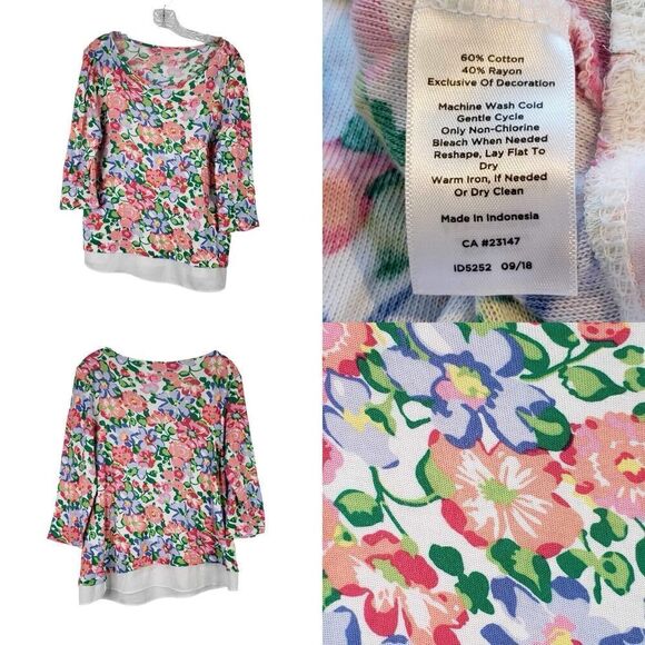 Talbots Top Shirt Women's Large Multicolor Floral 3/4 Sleeve Layered Stretch - Picture 1 of 8